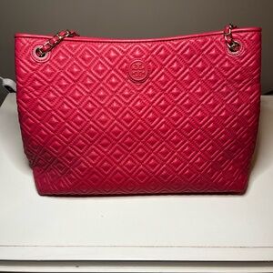 Tory Burch Peony Pink quilted leather Marion chain tote- Like New
